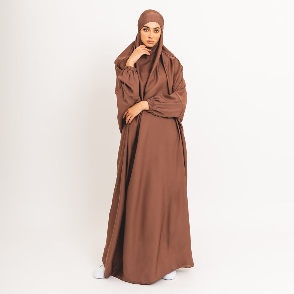 Khimar marron classique avec poignets élastiques et lien à l'arrière